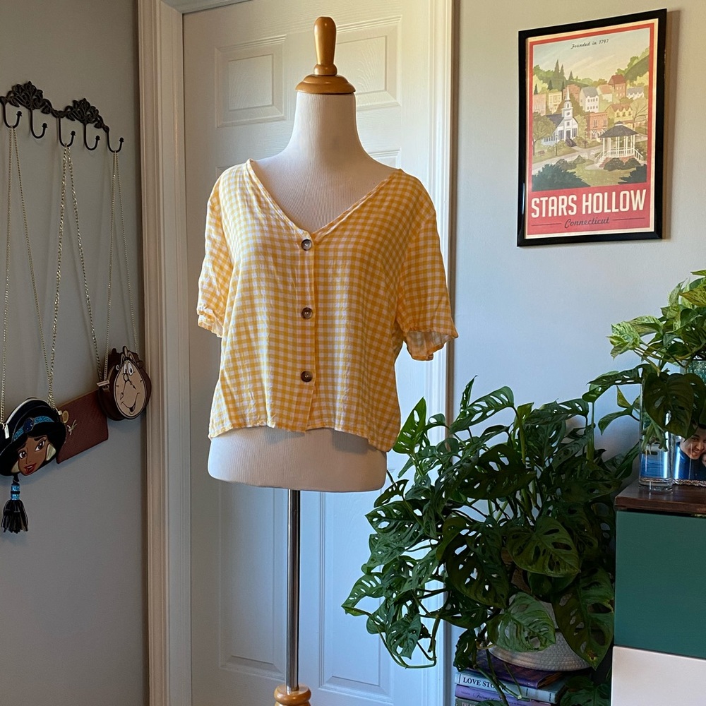 Yellow & White Checkered Button Down Blouse
